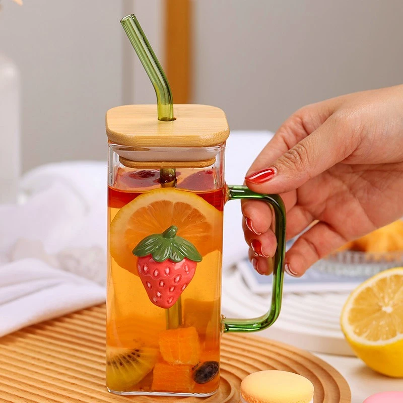 创意可爱吸管杯玻璃杯果茶杯带盖耐热家用喝水杯高硼硅透明杯子