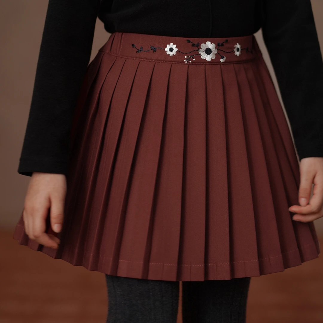 哈齿童装冬季儿童半身裙复古学院风刺绣百褶裙女童红色A字裙女孩