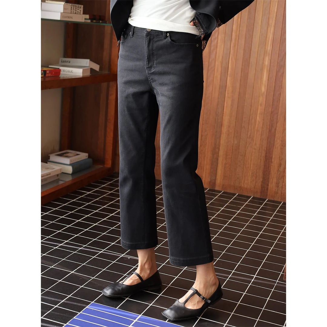LANGQING 黑色水洗复古直筒牛仔女秋装九分微喇裤子45669/46076#