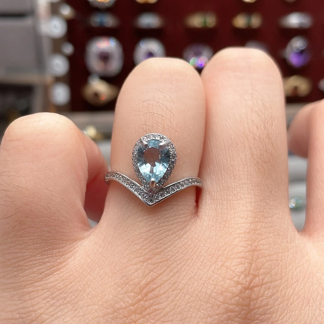 银S925镶嵌戒圈海蓝宝石