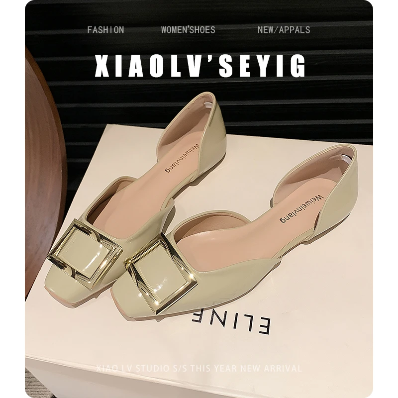 方扣漆皮方头浅口配裙子中空凉鞋平底单鞋女大码鞋春夏新款2025