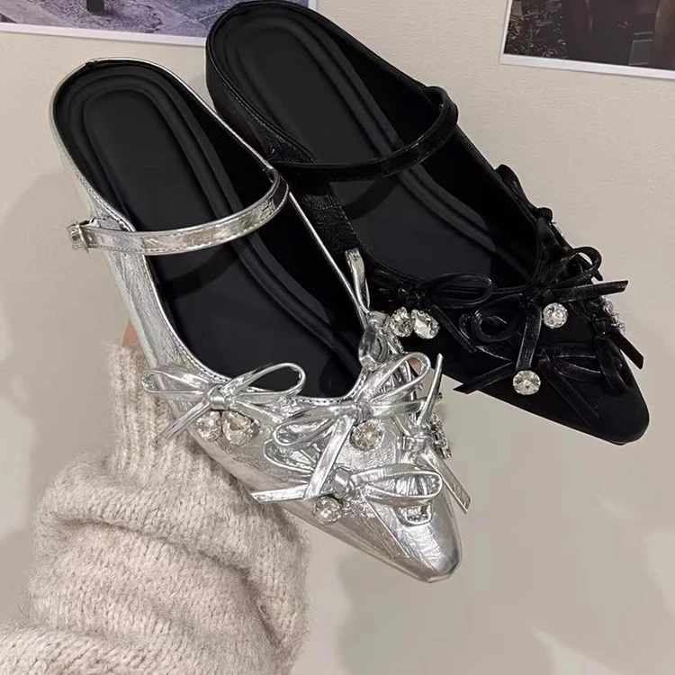 法式内增高银色包头半拖鞋女鞋2025新款夏外穿水钻蝴蝶结玛丽珍鞋