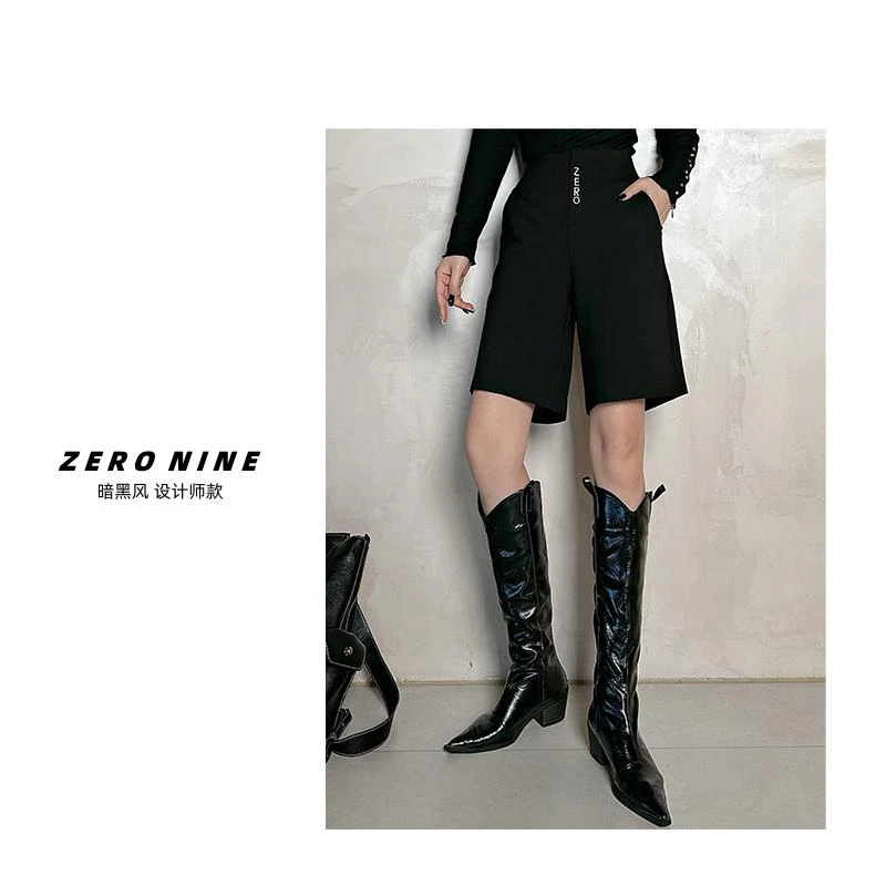 Dan Dan 定制logo款  高腰时装棋盘裤女 黑色新款五分裤