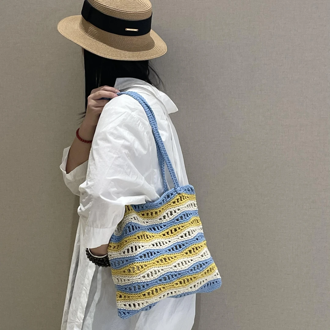 小众高级感波纹棉线托特包新款撞色手工编织包夏日慵懒单肩沙滩包