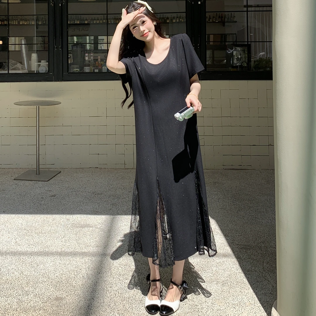 2025夏新款显瘦亮闪闪A摆小黑裙拼接蕾丝下摆长款连衣裙