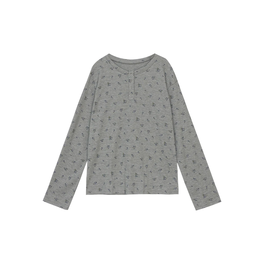 花园密语 圆领纽扣华夫格套头长袖T恤C 9475#