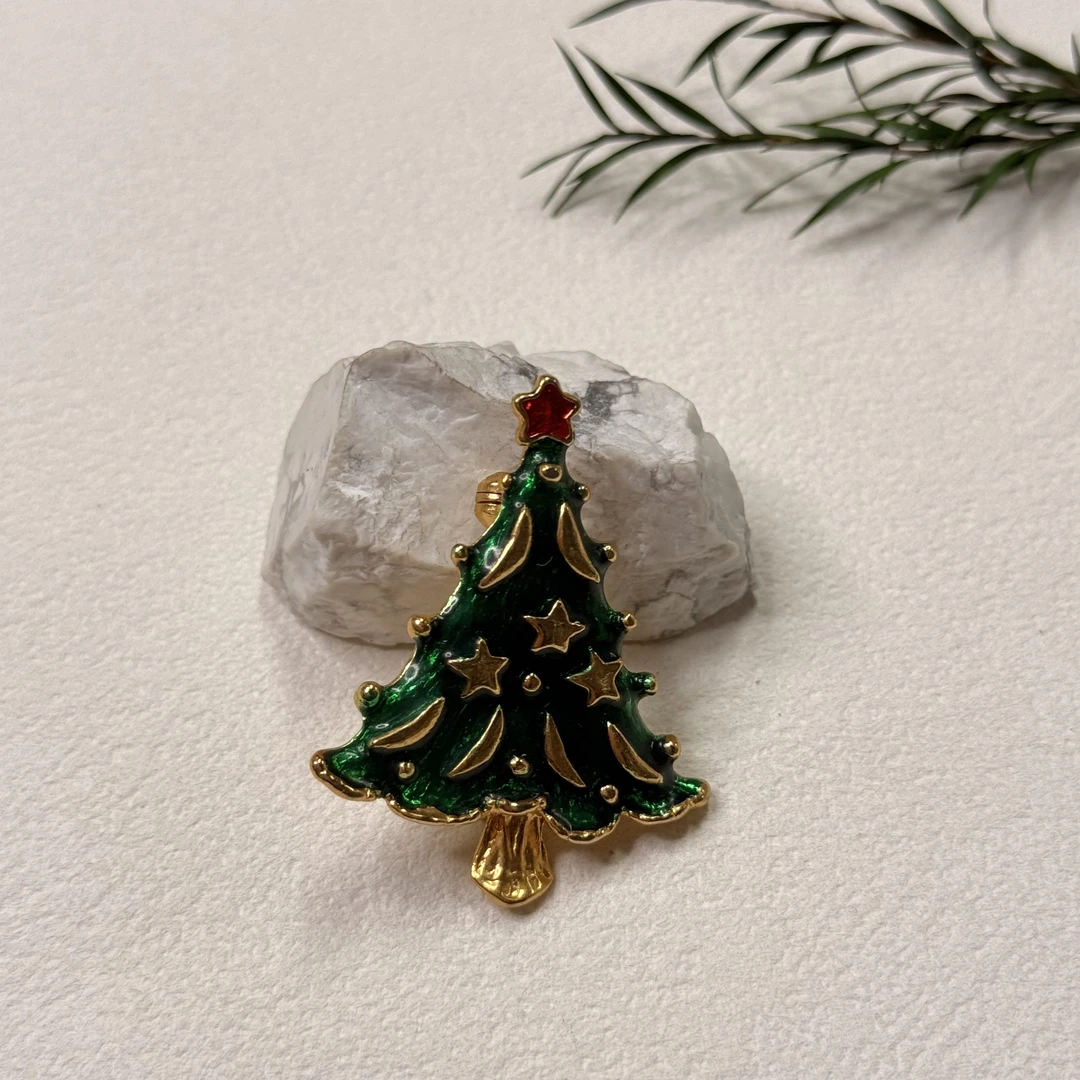 铜合金珐琅胸针 【六六中古】孤品复古圣诞树胸针ty3467