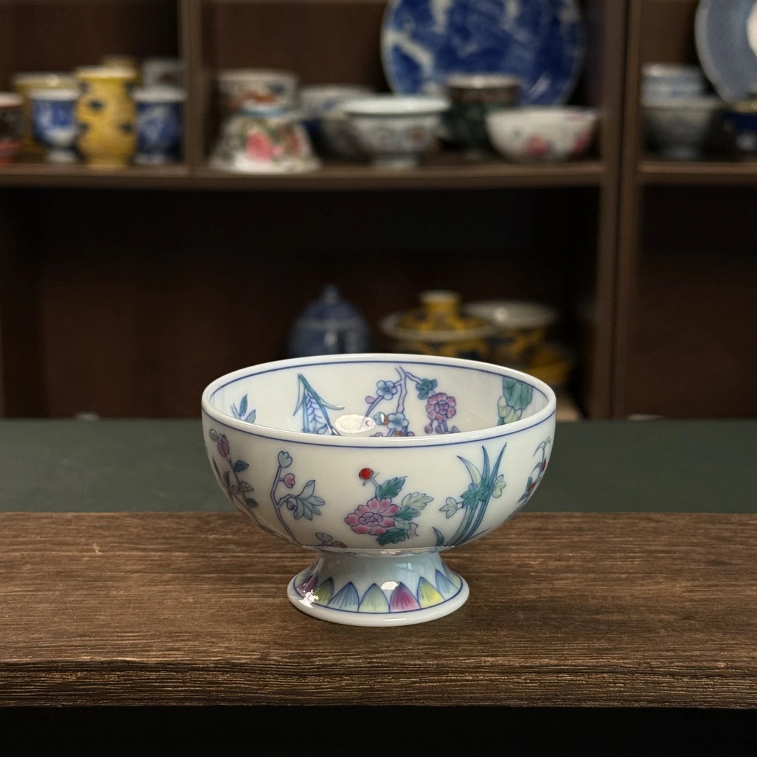 景德镇青言纯手工手绘青花斗彩十二花神纹高足杯陶瓷主人杯茶杯