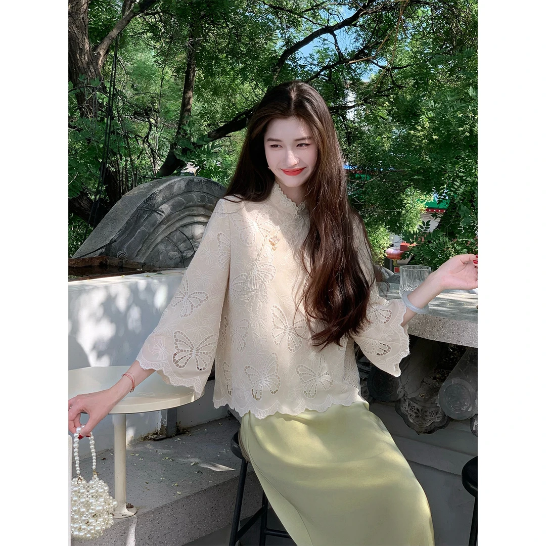 凌茜恣禾【栖蝶浮光】国风新中式蝴蝶镂空上衣手抓绒缎面半身裙套装