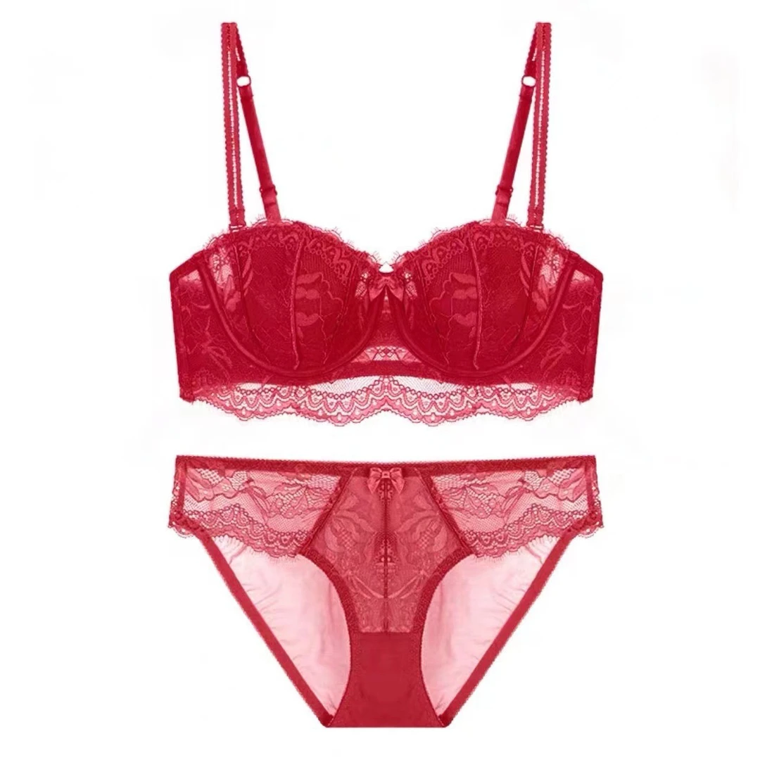 蛇年本命年红色女士内衣蕾丝聚拢性感显小文胸套装
