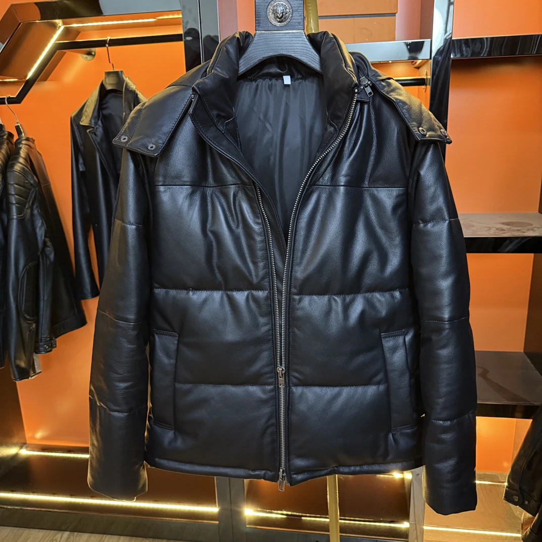 胎牛皮男士真皮皮衣羽绒服连帽保暖纯色皮衣男士真皮立领男款简约