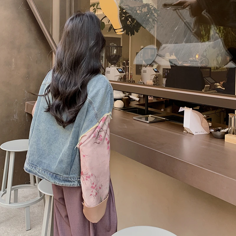 新中式撞色提花牛仔外套女2025春季新款小个子风复古拼接短夹克