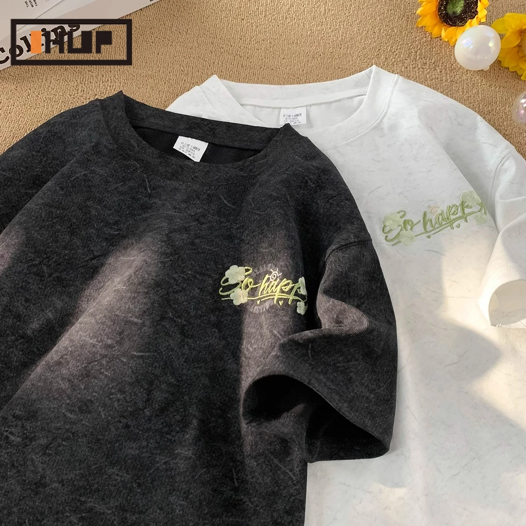 OHUP美式刺绣短袖男夏季潮牌砂洗五分袖新款宽松休闲圆领t恤