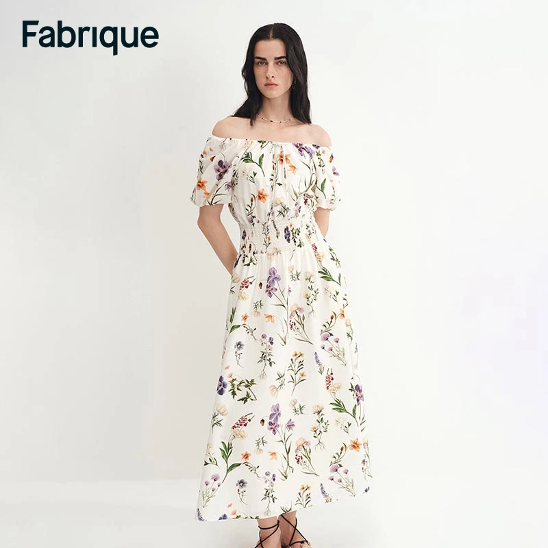 Fabrique Mia 春夏新款小苍兰印花桑蚕丝棉一字肩泡泡袖连衣裙