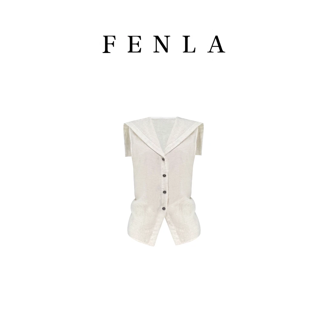 【惠姐私服】海军领遮肩设计感减龄上衣单排扣开叉下摆衬衫 83868