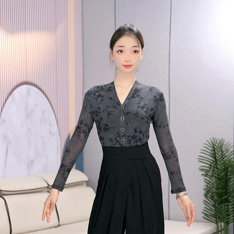 新款时尚摩登舞蹈服V领印花瑜伽服柔软拉丁舞服优雅国标舞练功服