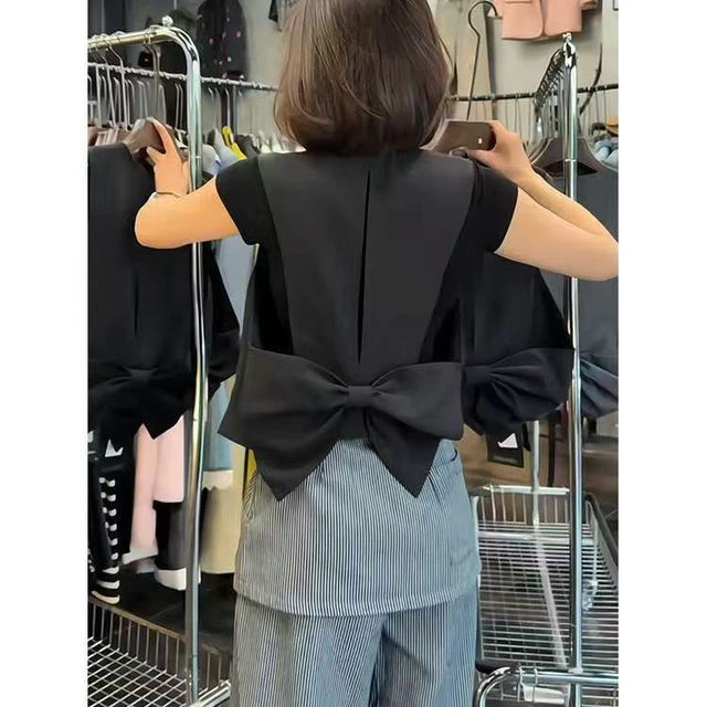 法式气质优雅立体蝴蝶结黑色无袖上衣2025年夏季马甲裤子显瘦高端