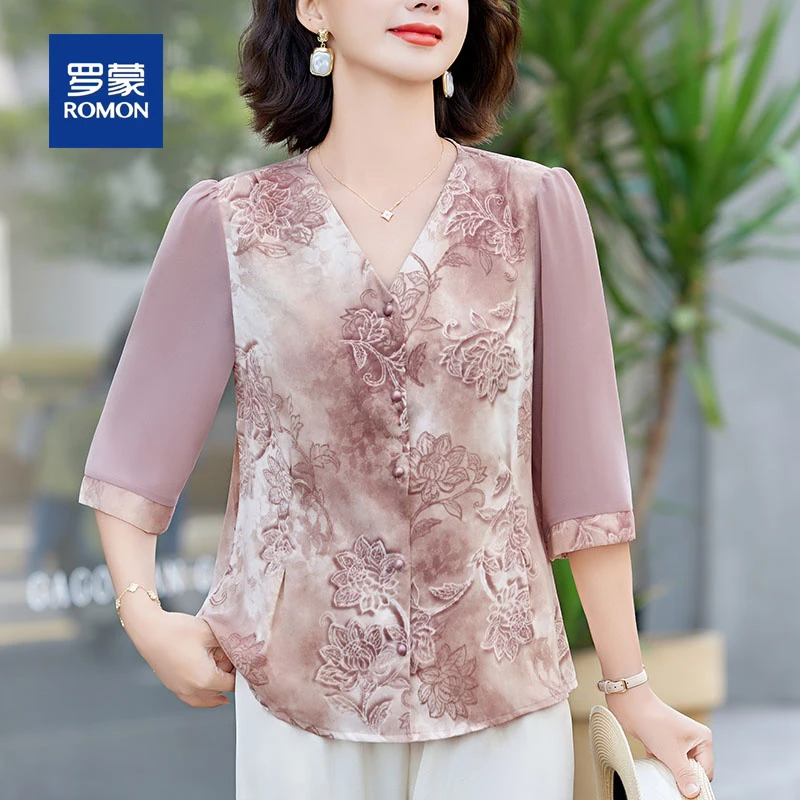 罗蒙中年妈妈夏装气质国风V领小衫套装高档中老年女装新中式衬衫