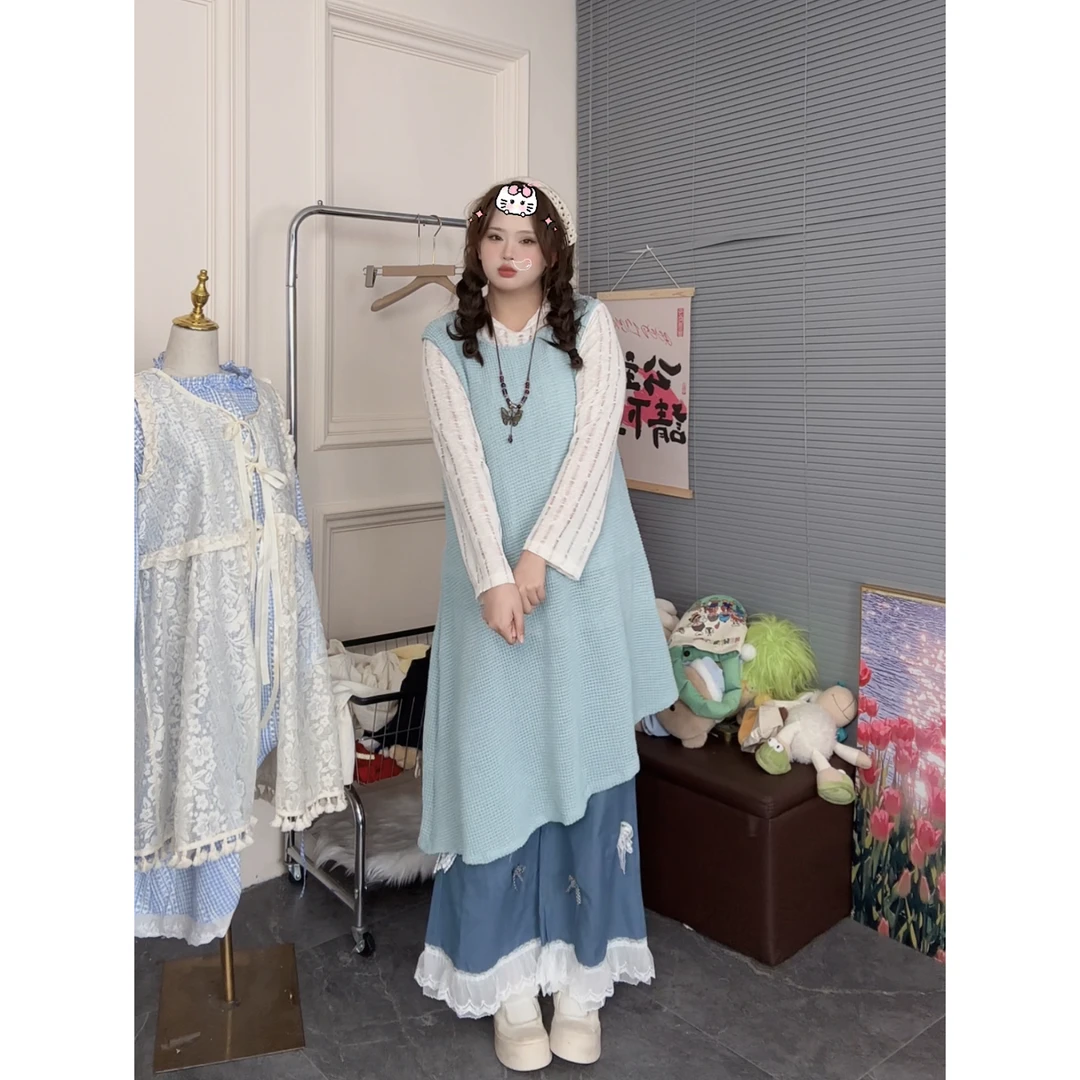 不规则罩衫蝴蝶结蕾丝拼接阔腿牛仔裤打底上衣女2025早春新款套装