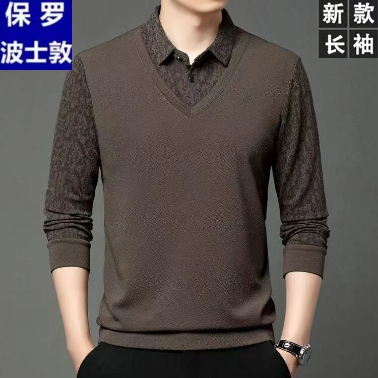 保罗波士敦男士长袖Polo衫秋季带领上衣打底衫宽松假两件T恤极简