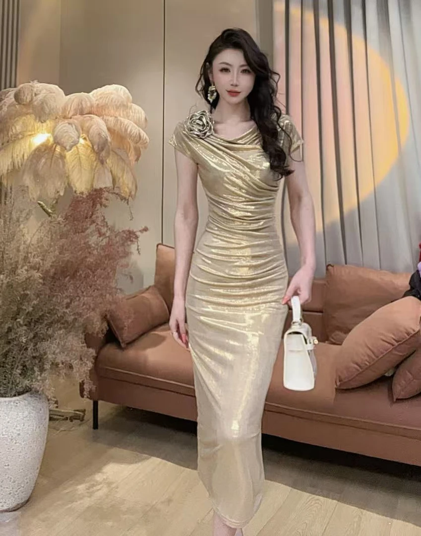 【美美专享】682233气质荡领褶皱收腰时尚连衣裙女