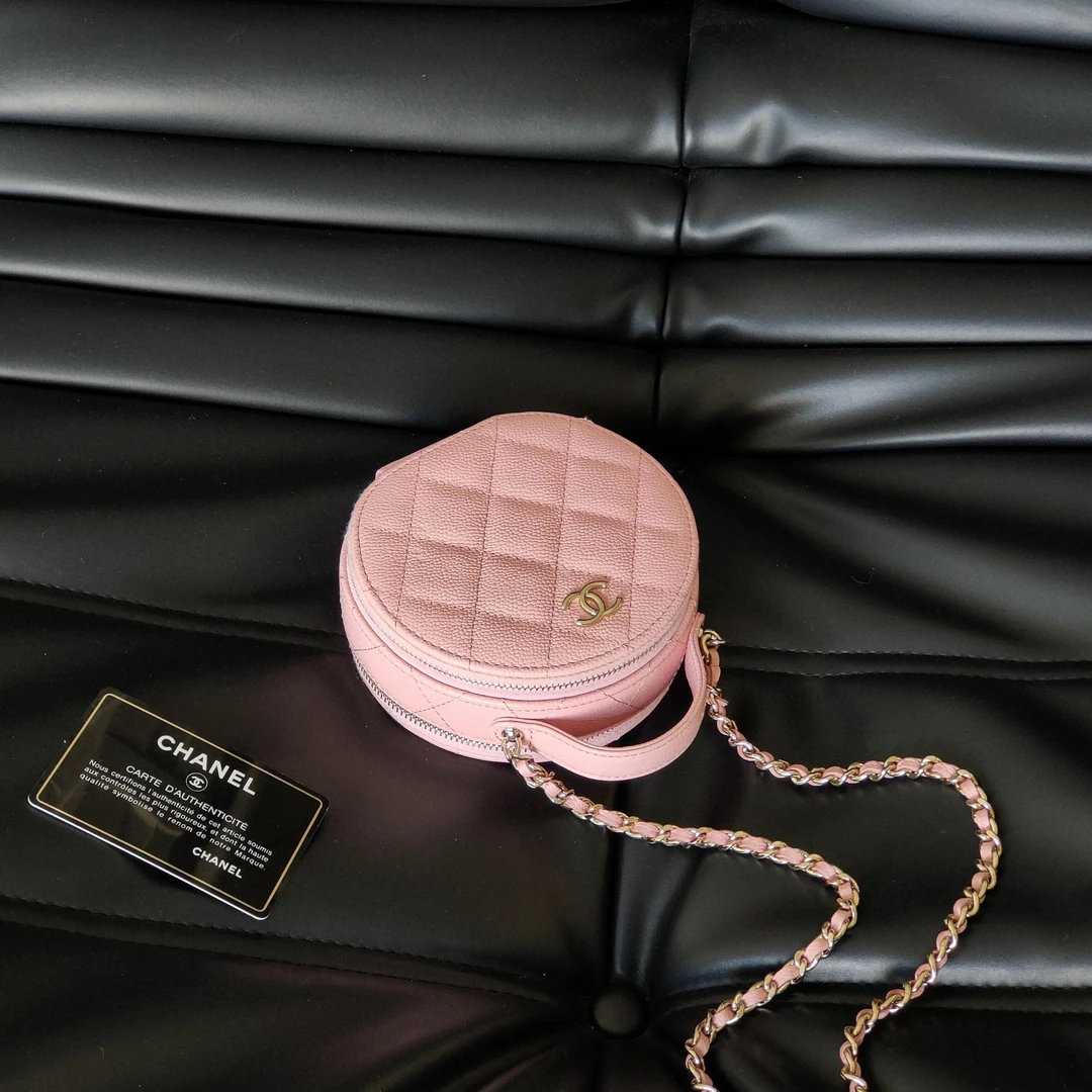 95新 Chanel/香奈儿 Azul-22C粉色牛皮圆饼手提斜挎包/39604