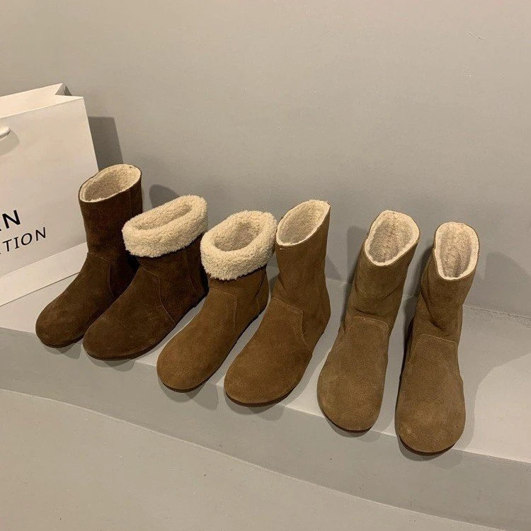 平底勃肯短靴子女新款冬季加绒保暖复古丑萌雪地靴中筒马丁靴