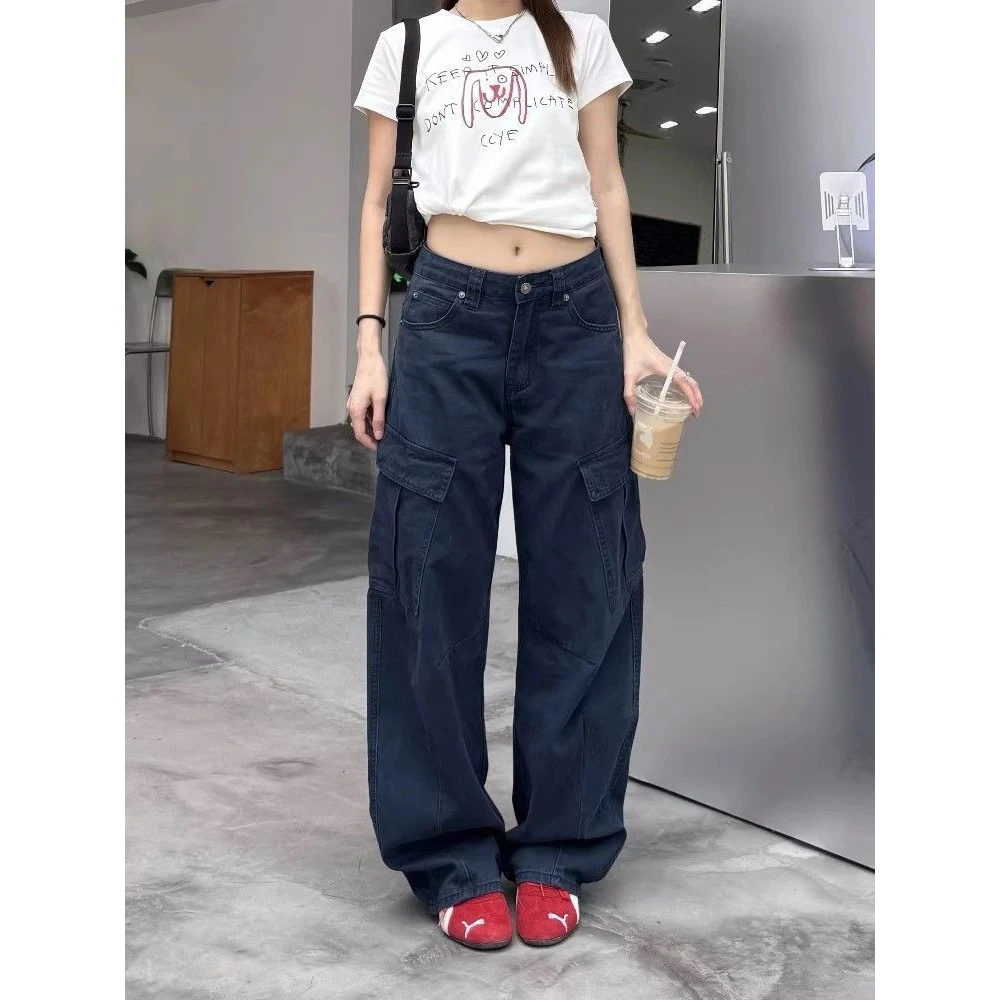 美式复古宽松多口袋弯刀工装牛仔裤女阔腿休闲cleanfit高街长裤潮