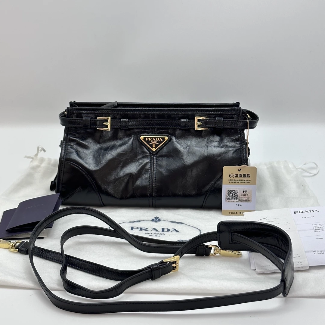 99新 Prada/普拉达 黑金油蜡皮Soft lux小号手提单肩斜挎包51953
