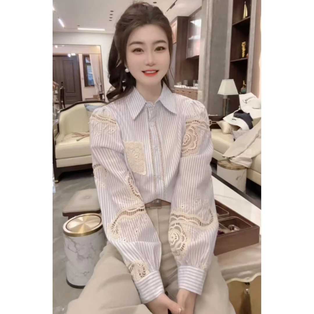 『条纹花朵H』高品质设计时尚气质百搭款衬衫77128