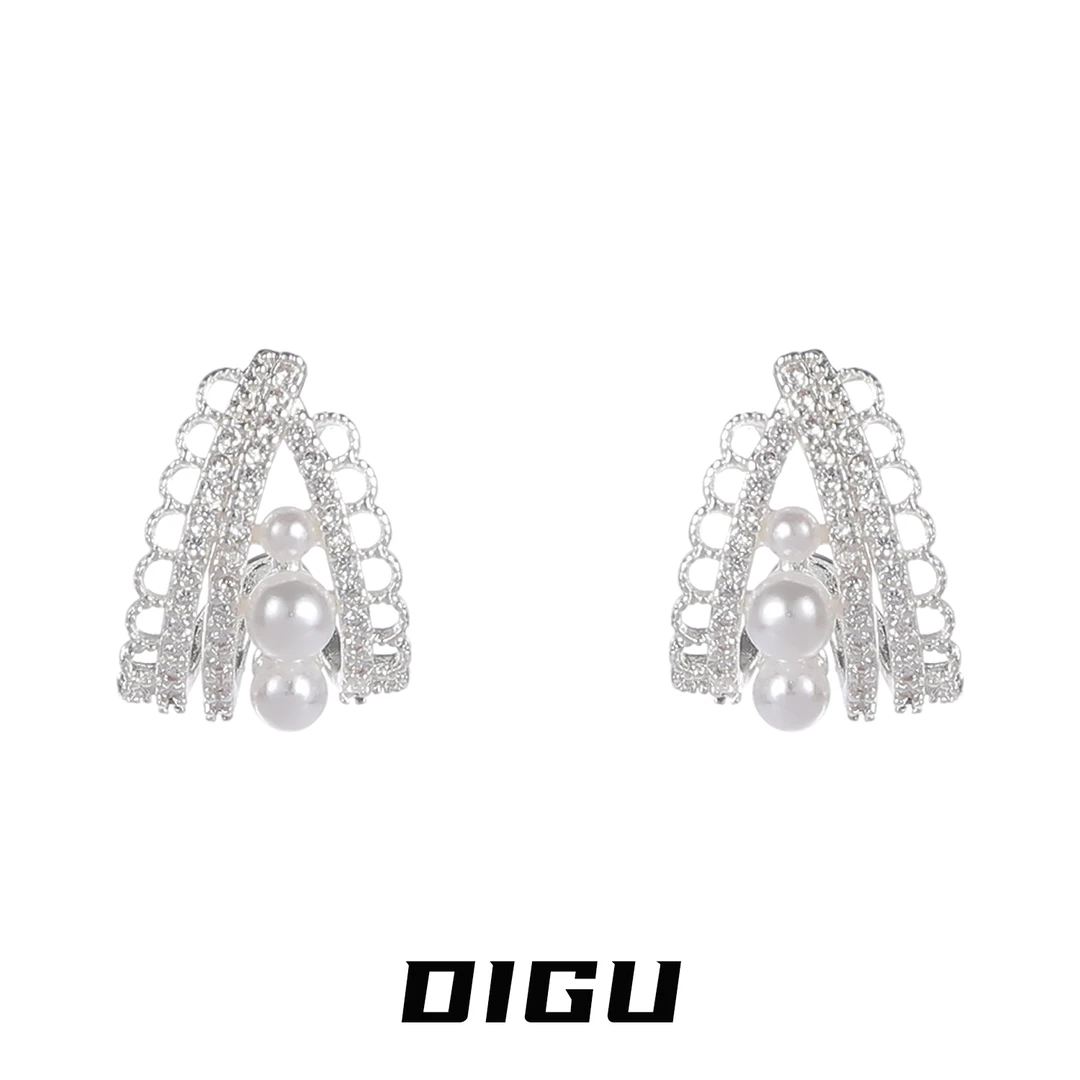 嘀咕家 铜合金仿珍珠耳饰 法式金属蕾丝花边耳环气质珍珠耳钉耳饰