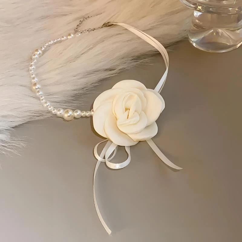 铜布艺项链 山茶花珠珠颈链choker项圈女颈带小众项链系花配饰品