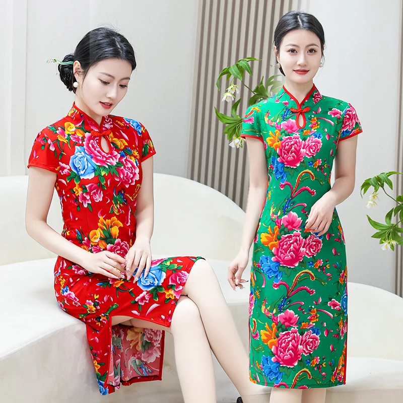 新中式改良旗袍裙东北大花国风高弹新款短袖连衣裙伴娘服喜庆红裙