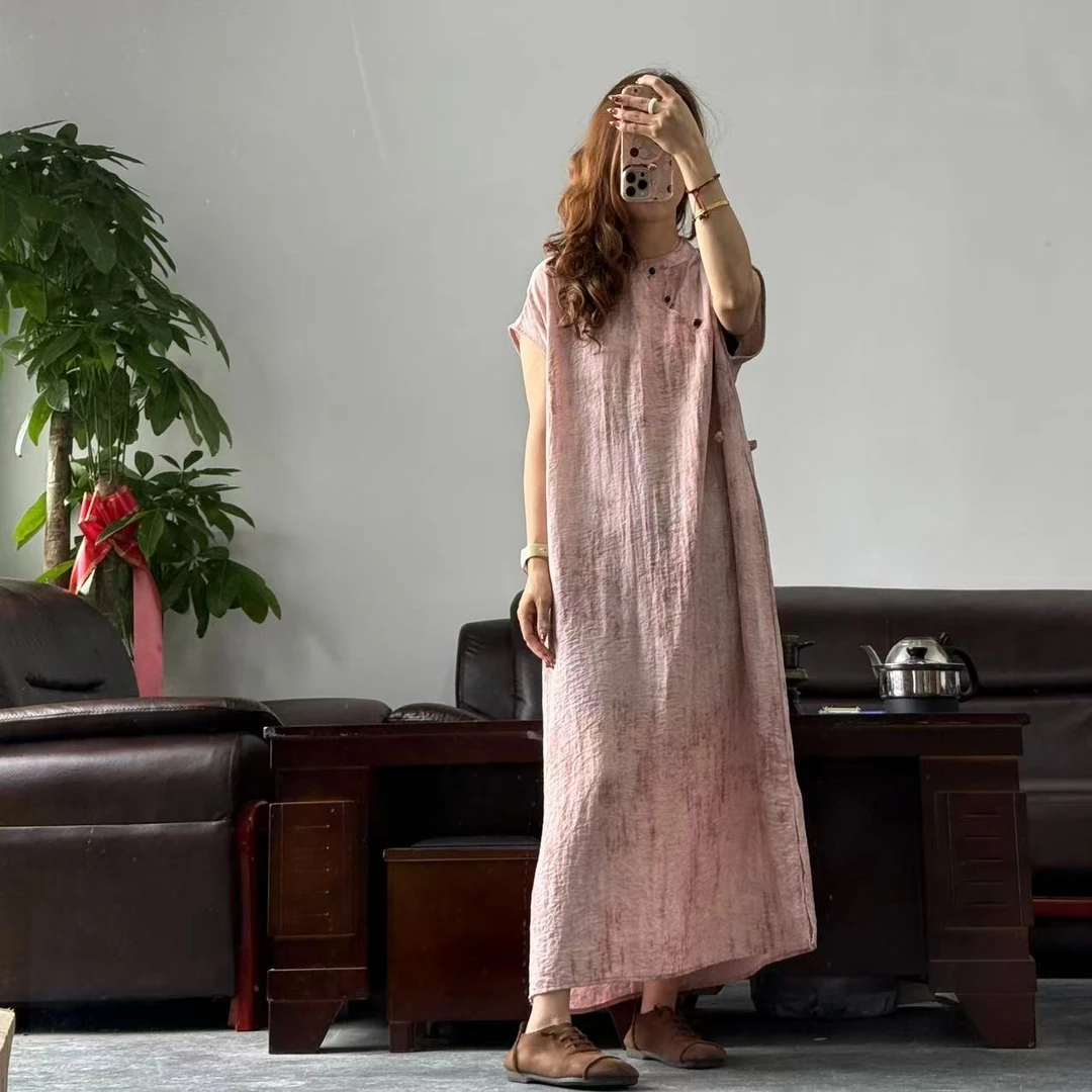 花璟与麻原创设计复古立领斜襟刷色袍裙（裙长118胸围116)