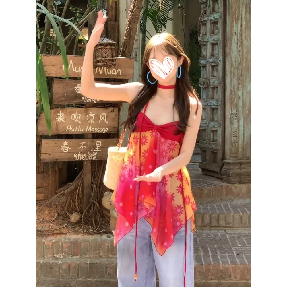 欧若风多巴胺穿搭miu里miu气女设计感纯欲红色印花吊带上衣春夏