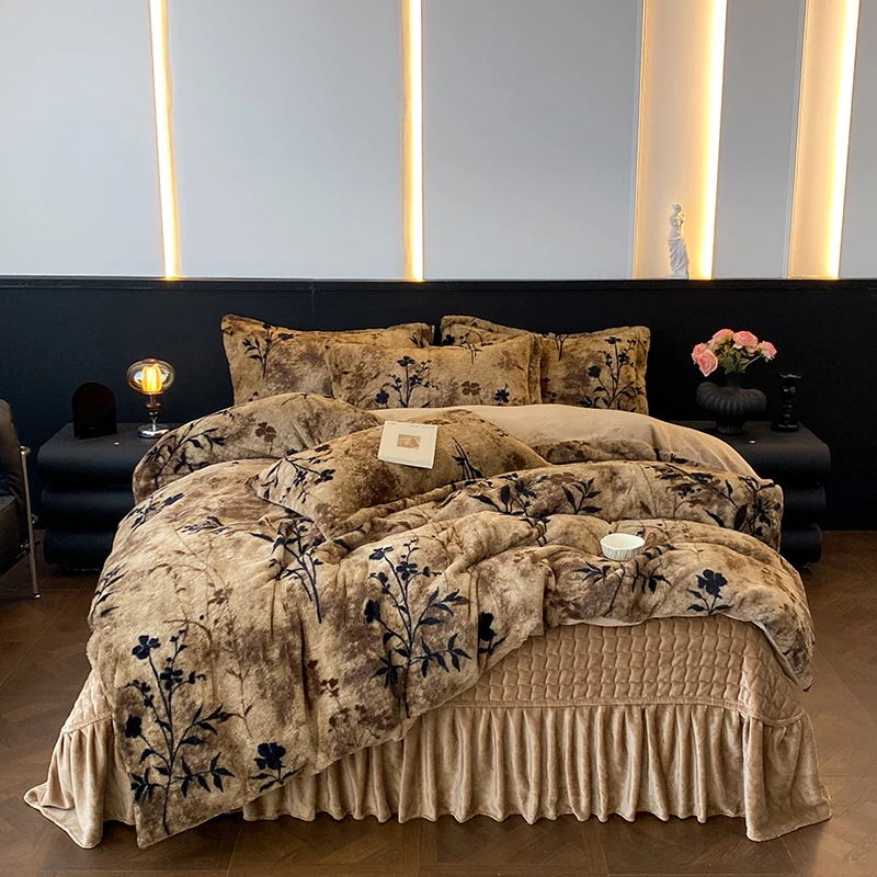 轻奢高品质床盖豹纹加厚牛奶绒四件套冬季双面绒兔毛绒被套抗静电