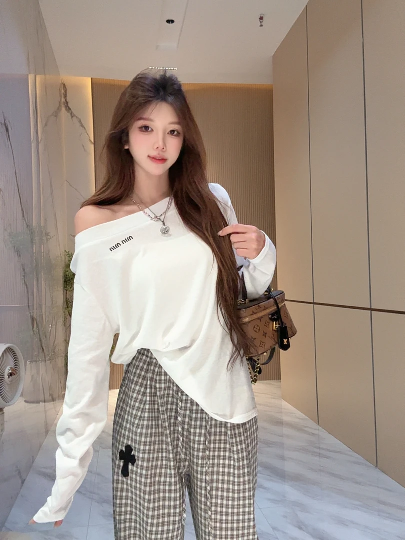 李馨儿【茉莉花】长袖宽松斜肩显瘦拼接夏季罩衫百搭衣服T恤休闲