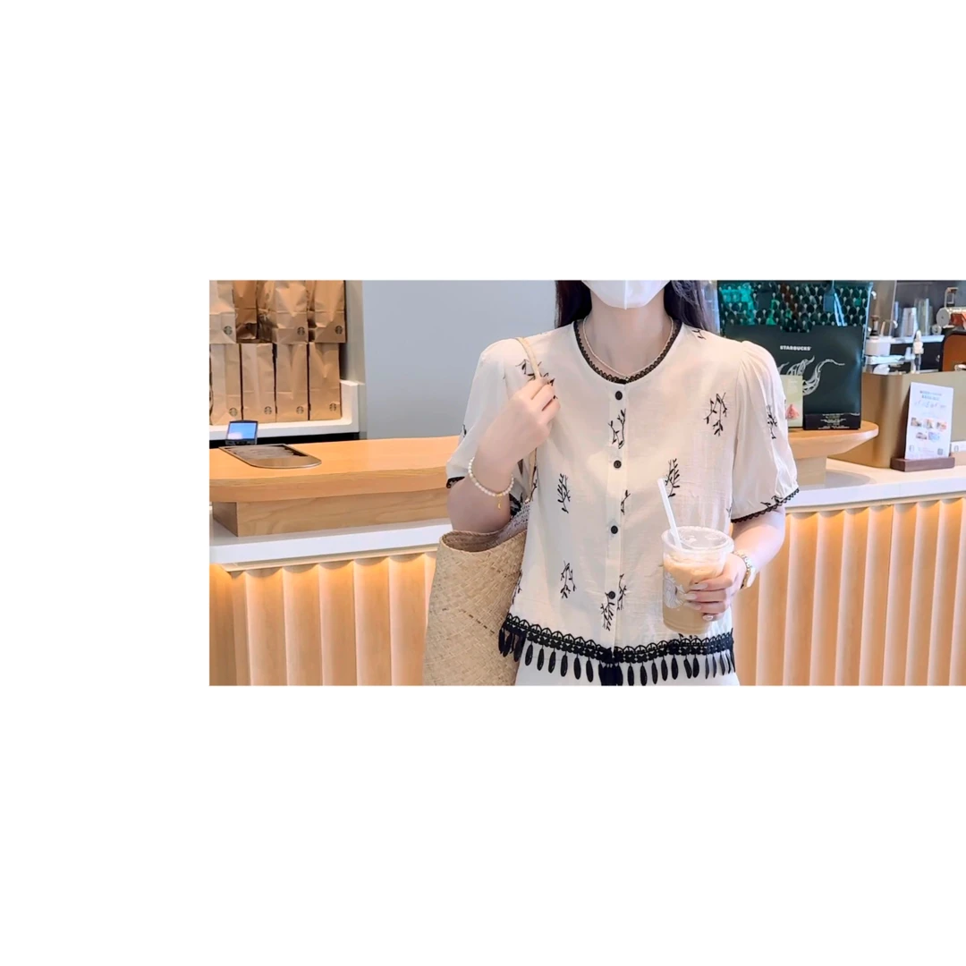 BK 新款百搭宽松显瘦刺绣圆领短袖衬衫女小个子韩系上衣女