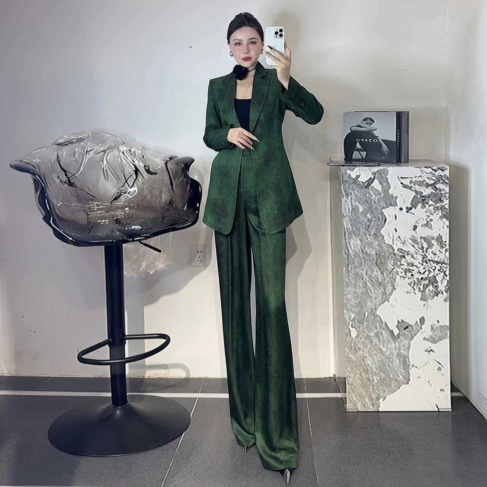 通勤套装女2025春夏新款设计感复古提花收腰西服长裤花朵两件套女