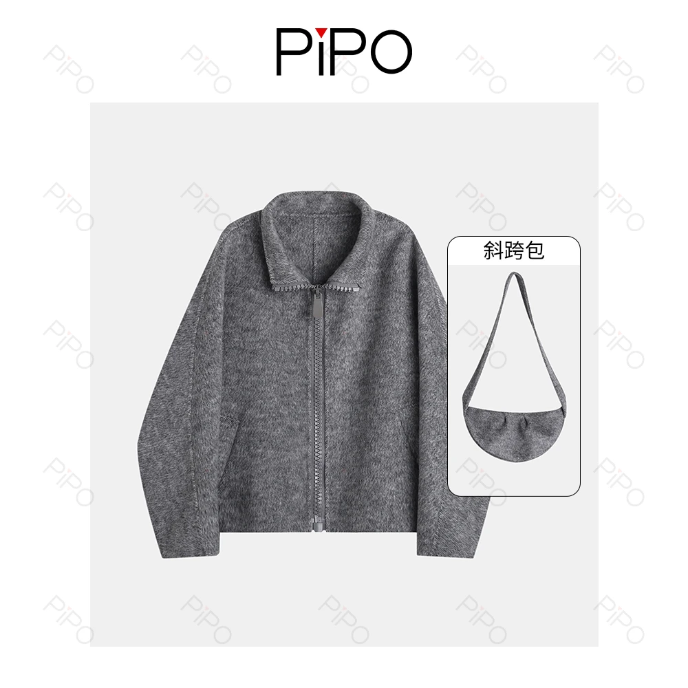 PIPO山羊绒绵羊毛女香蕉袖短款毛呢外套设计师外套秋冬DD53A379