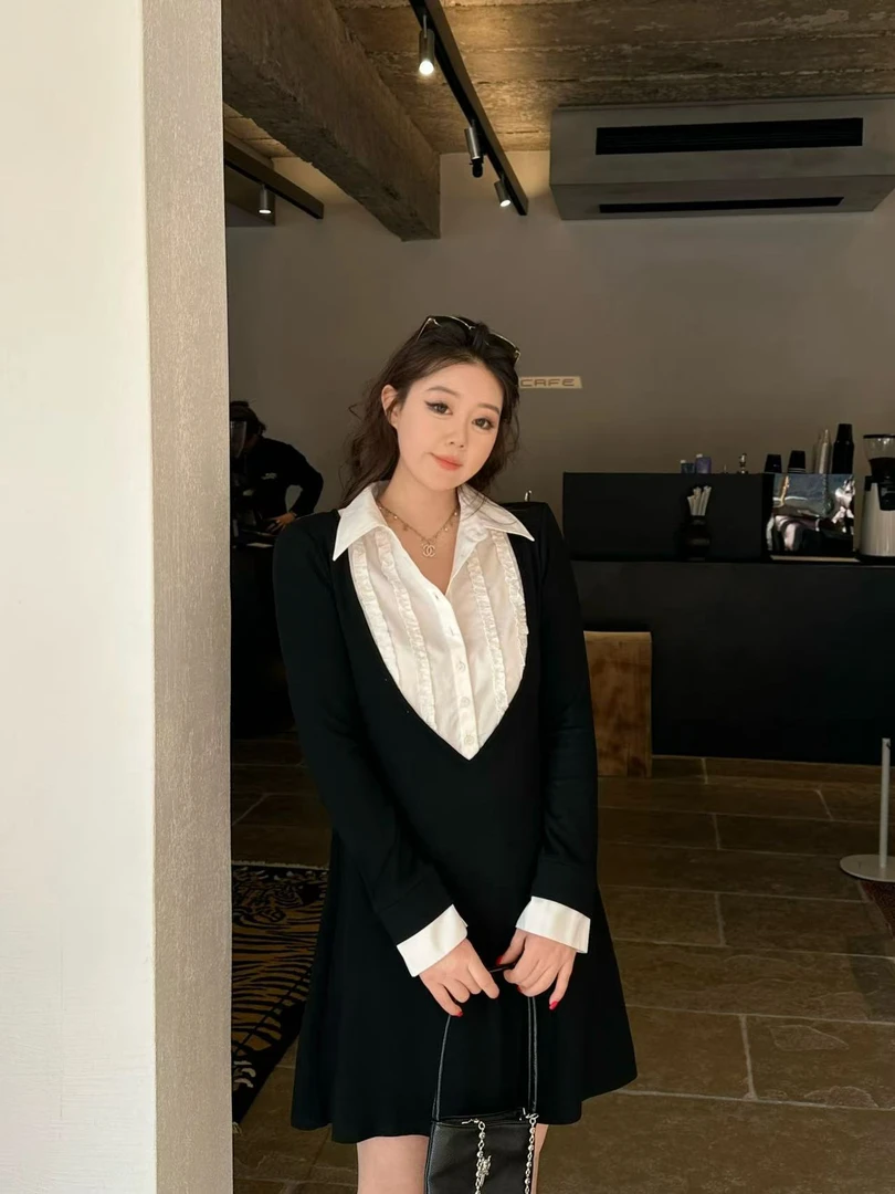 琪琪怪怪大码女装【纽约艺高】早春设计假两件拼接连衣裙D16314QZ