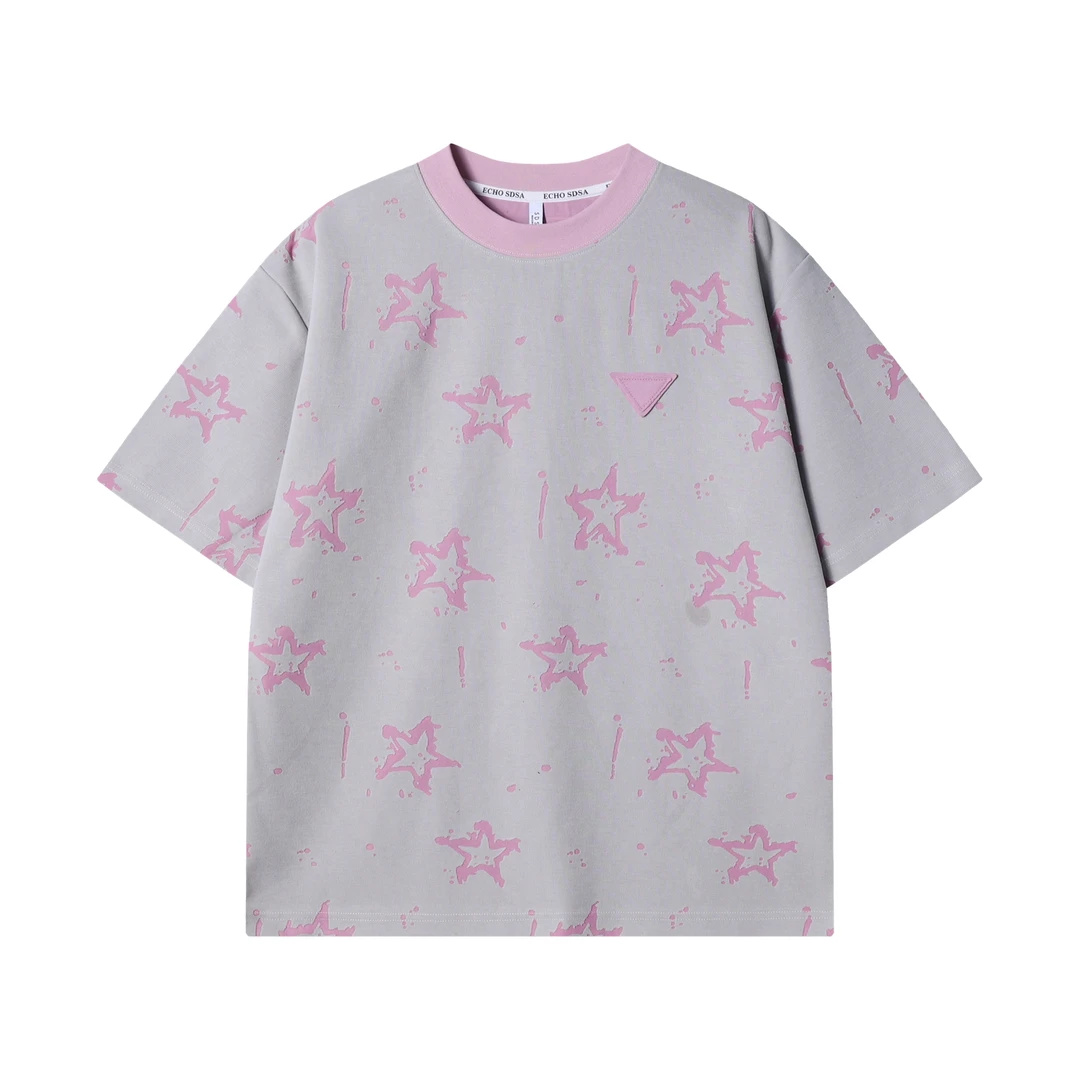 夏季高级感新款时尚星星印花胸口倒三角百搭韩版休闲宽松短袖