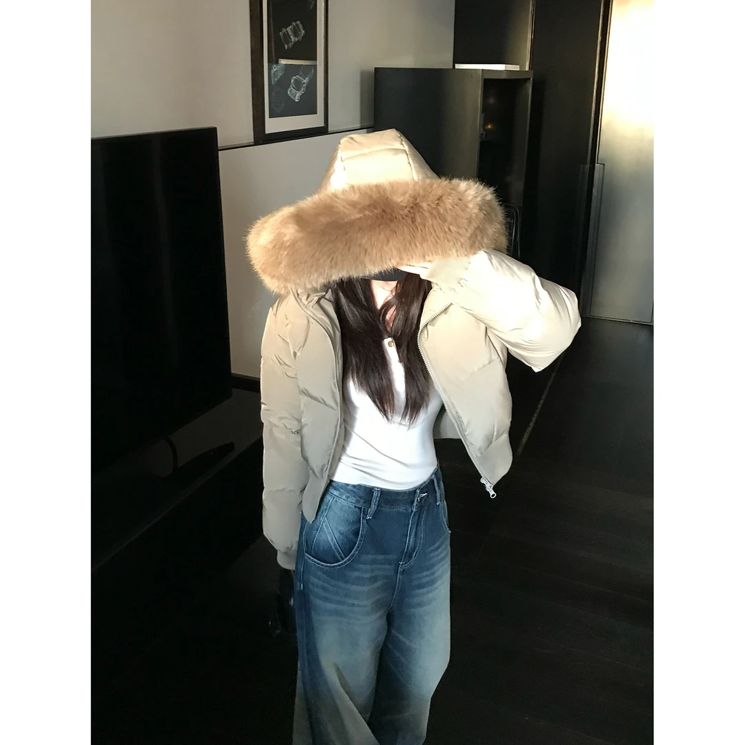 芬兰雪境 冬季韩版毛领连帽棉服女收腰加厚短款面包服女宽松