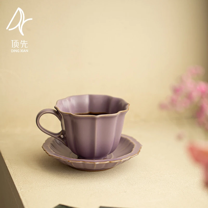 顶先 当代仿宋汝窑紫色花口咖啡杯家用女士精致主人茶杯 A13432
