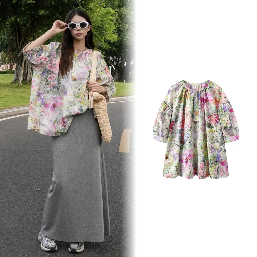 【0525】【花开富贵】2025夏新款圆领设计感宽松印花短袖娃娃衫衬衫女