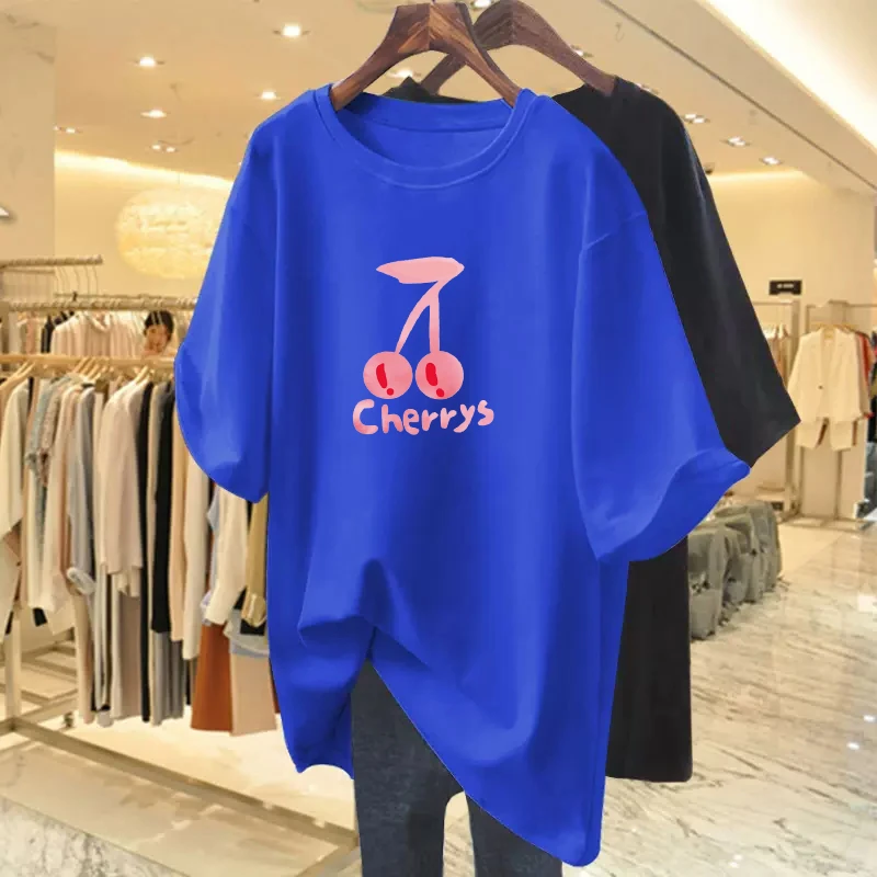 克莱因蓝短袖t恤女夏2025新款欧货宽松大版中长款纯棉半袖上衣ins