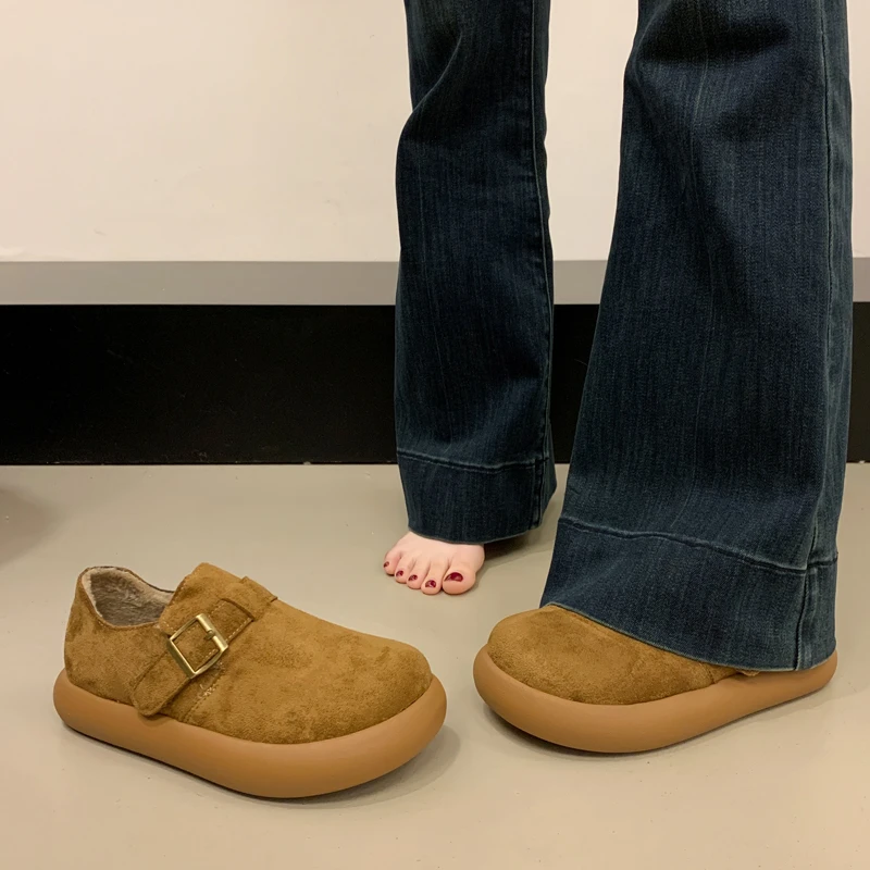 秋冬女款加绒全包勃肯鞋厚底2025新款丑萌豆豆鞋孕妇保暖雪地棉鞋