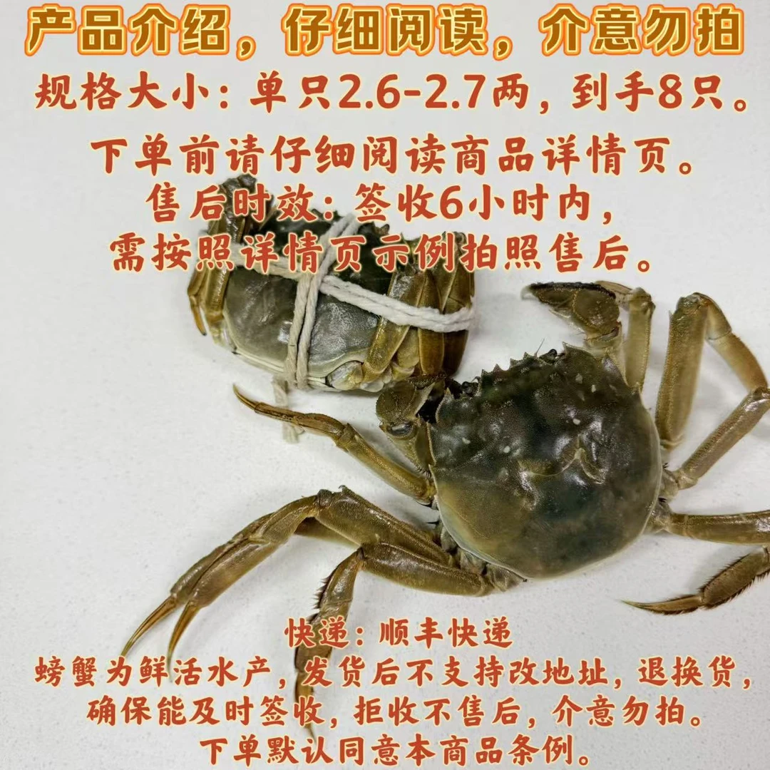 【海龙的果】江苏大闸蟹 全母蟹2.6-2.7两 8只装 鲜活发货顺丰快递
