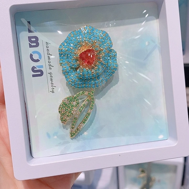 锆石铜合金玫瑰花胸针 蓝色