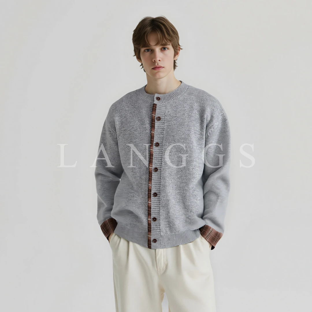 LANGGS&浪叔 25秋季复古格纹拼接针织毛衣开衫-FW5424